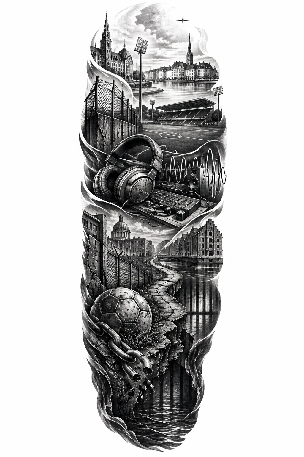 A black-and-grey outer sleeve tattoo with a worn football, subtle audio elements, gritty urban textures, a dark winding path, and soft light and negative space toward the shoulder.