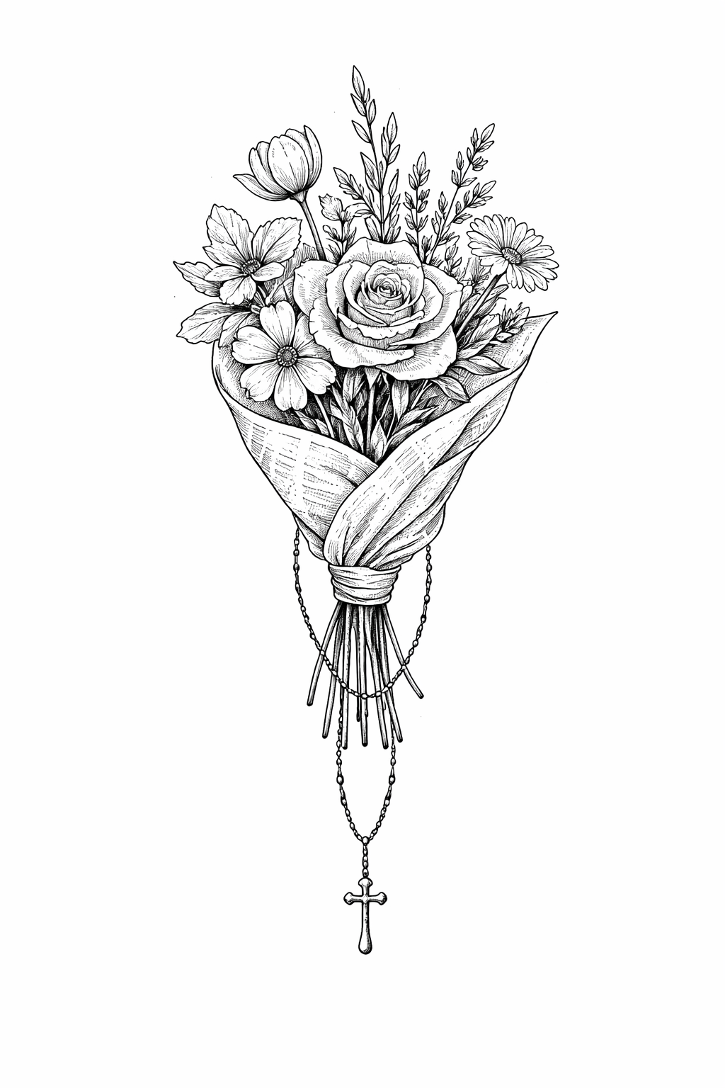 Un ram de traç fi de flors variades embolicat amb paper de diari i amb un rosari elegant damunt, representat amb línies delicades en negre i gris.