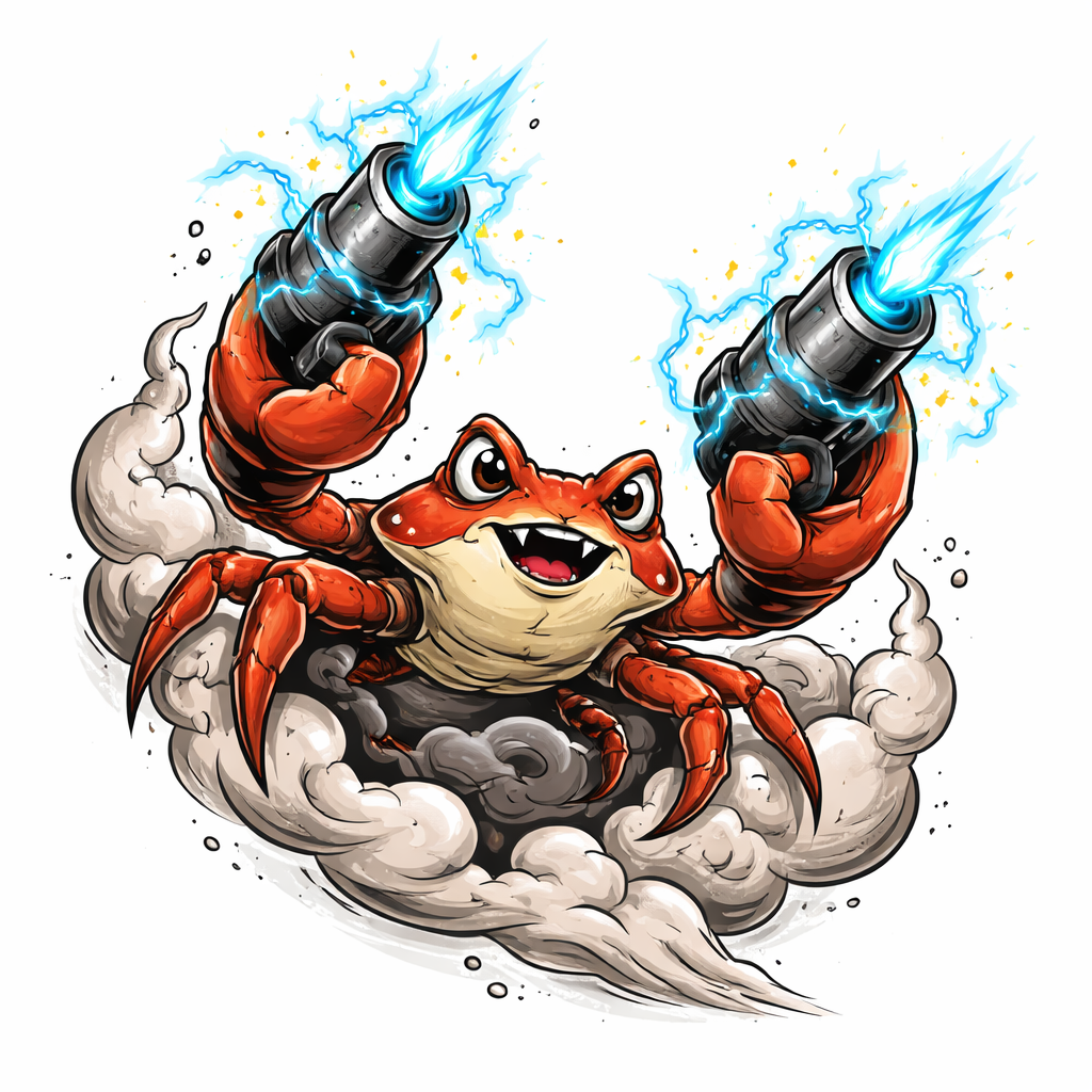 A new-school style crab from Crab Champions leaping out of smoke, firing twin laser cannons with bright electric arcs and dynamic motion lines