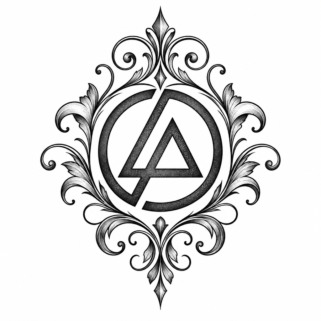 An ornate, decorative tattoo version of the Linkin Park logo with embellished lettering and swirling flourishes.