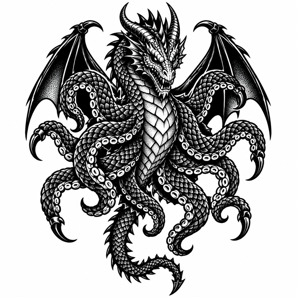 A blackwork octopus-dragon hybrid coils in a dynamic pose with winged mantle, horned skull, spined tail, and glowing color accents.