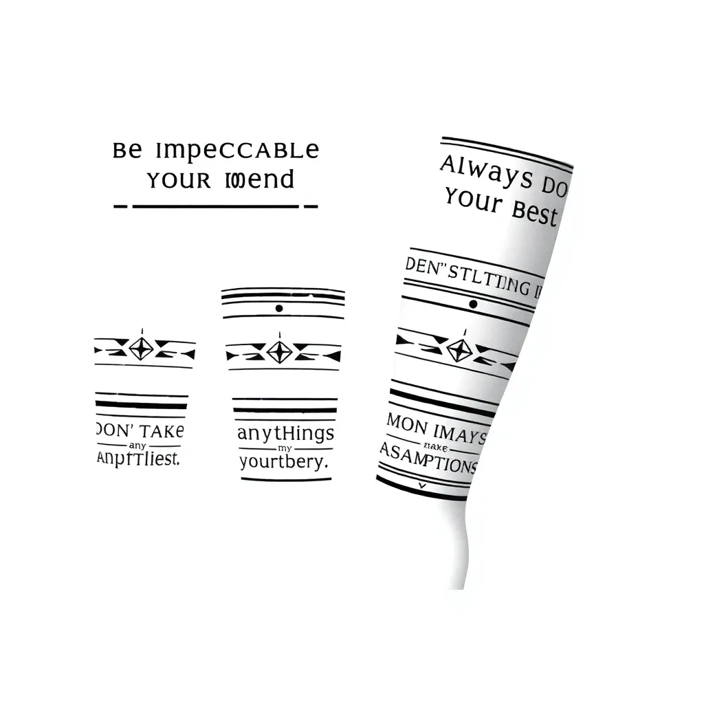 Clean black-and-grey Toltec/Aztec-inspired bands around arms and calves, with the phrases 'Be impeccable with your word' and 'Always do your best' on the arms and two foundational agreements as calves