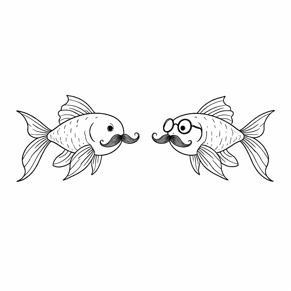Il·lustració minimalista en tinta negra de traç fi de dos peixos estilitzats amb bigotis francesos, un amb ulleres rodones vintage, línies netes ultrafines, sense ombrejat ni farciment.