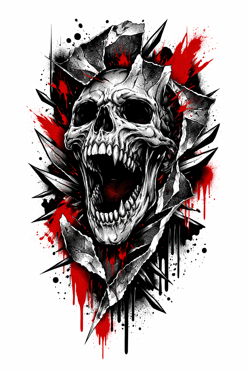 Trash-polka graffiti horror composition with bold black brushstrokes, dripping red splatters, stenciled urban marks and distorted faces/skulls.