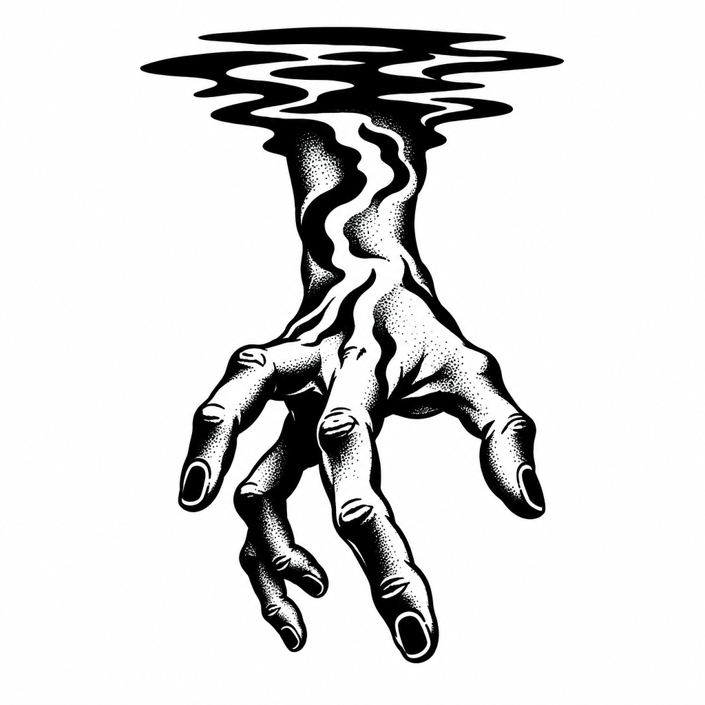 Id f’stil blackwork toħroġ minn taħt wiċċ skur b’swaba’ li jaqbdu, dellijiet inkwetanti u distorsjoni sottili.