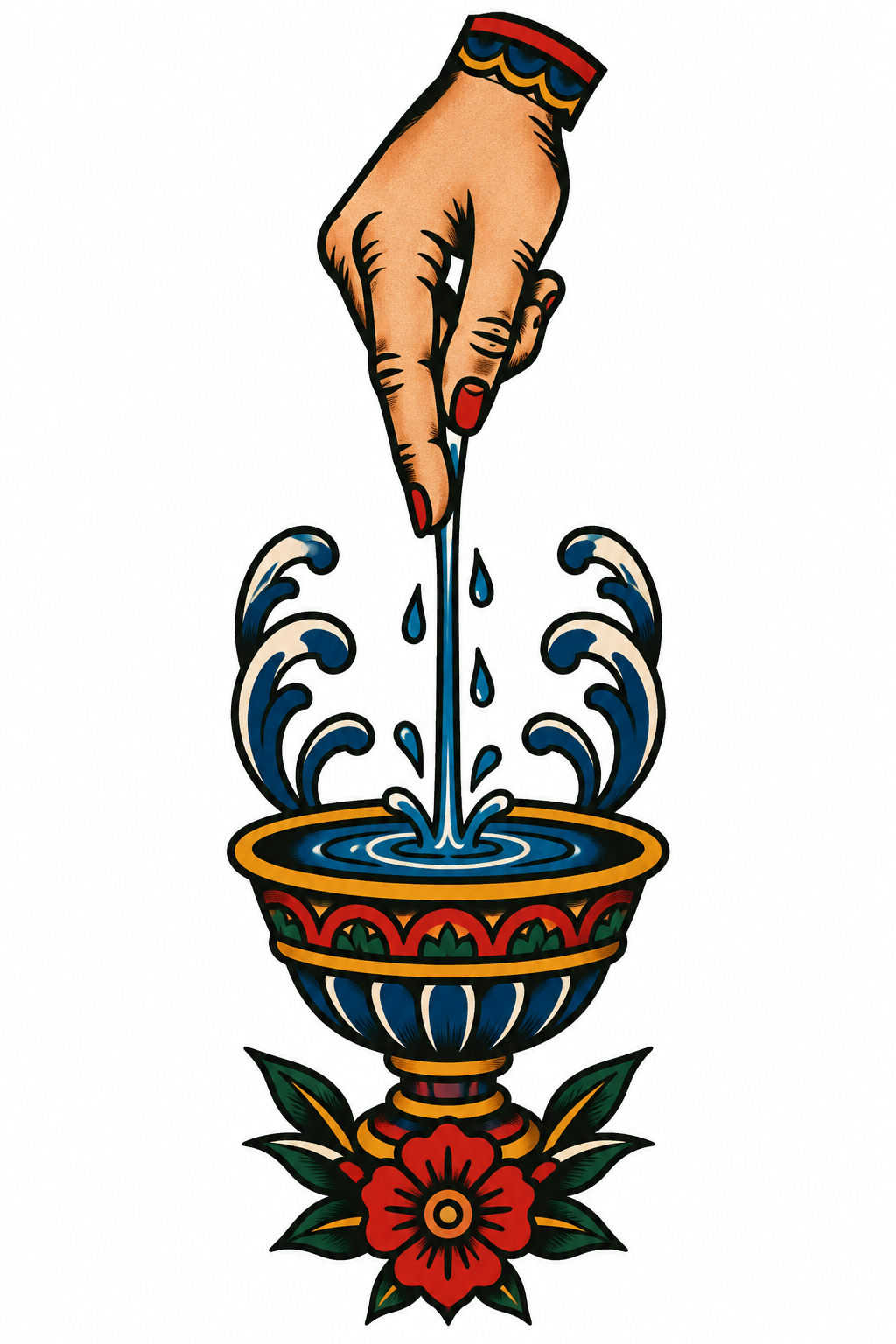 A traditional-style design showing a fingertip dispensing a small stream of water with bold outlines and simple shading.