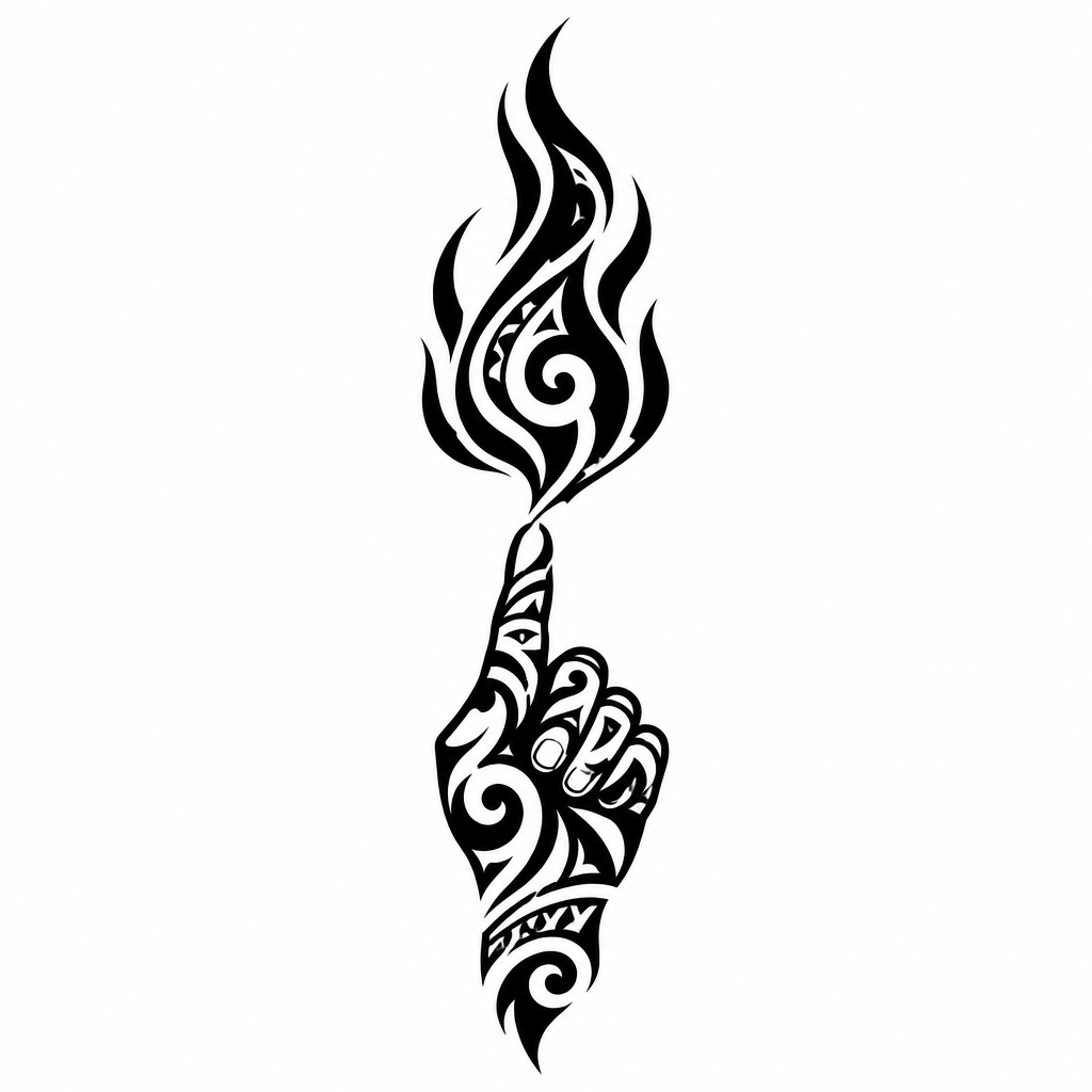 A tiny tribal-style flame design placed on the fingertip with bold, flowing black lines.