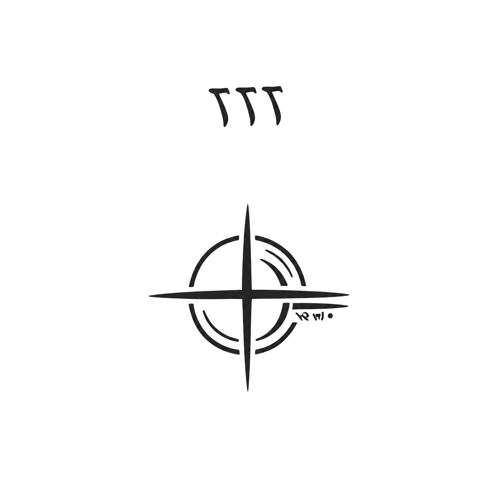 A minimalist black tattoo design with three small hooked marks above a circular compass-like symbol crossed by a horizontal band.
