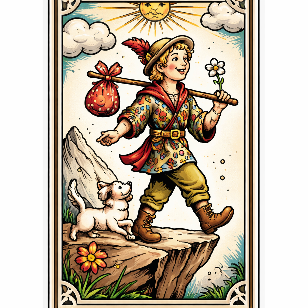 A cartoon-traditional depiction of The Fool tarot card: a carefree figure stepping forward with a small dog, bright colors and bold black outlines