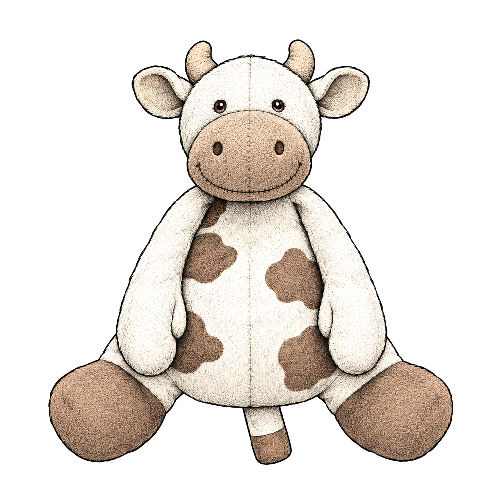 A minimalist fine-line tattoo of a seated cow plush, drawn in continuous line with soft looped details and simple symmetrical features.