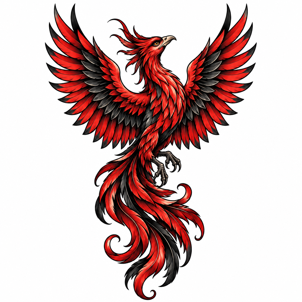 A mythological phoenix rising with spread wings and fiery details in an illustrative style.