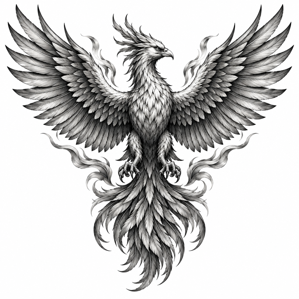 A realistic black and grey phoenix with wings spread wide in a dramatic pose.