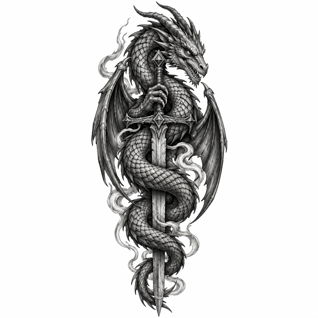 A realistic black-and-grey dragon twisted around an elongated sword with a dark fantasy look.