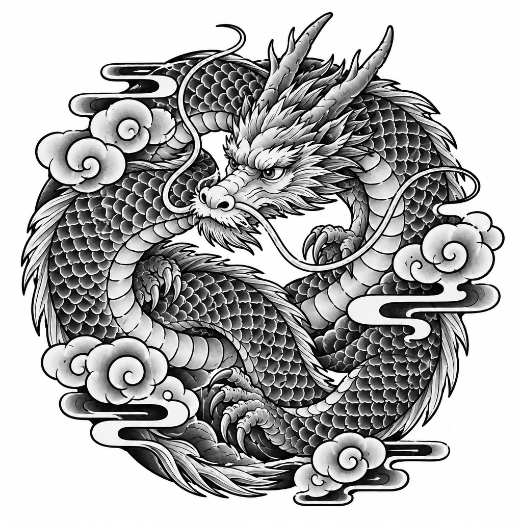 اژدهایی سبکپردازیشده که در حلقهای پیچخورده و دربرگیرنده پیچیده شده است؛ با منحنیهای روان و حرکتی پویا.
