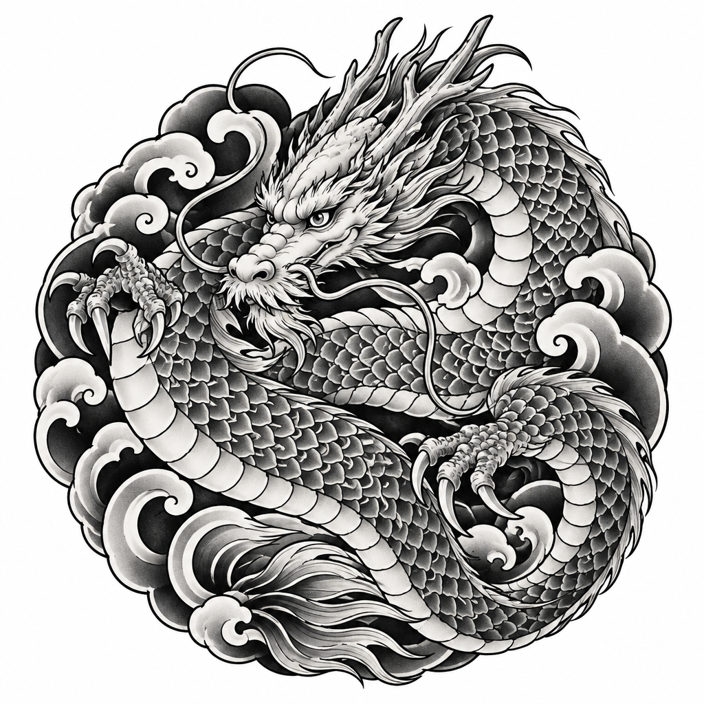 An illustrative dragon wrapped in an embracing pose, with flowing scales and a powerful fantasy presence.