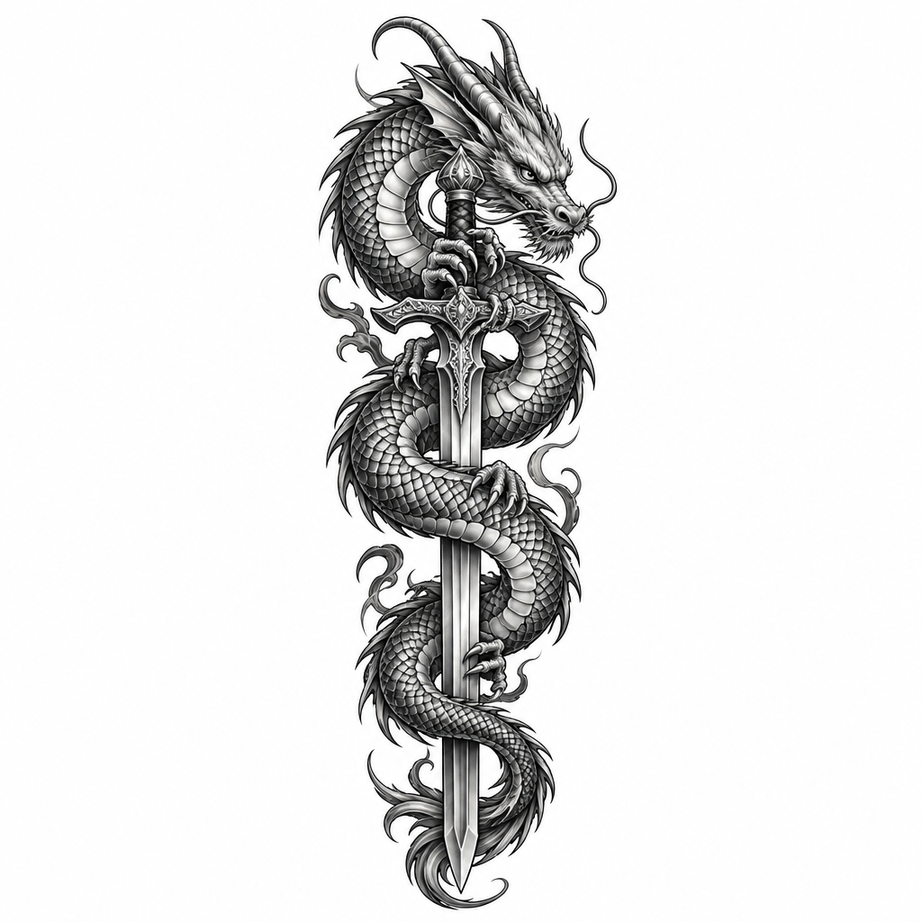 A realistic black-and-grey dragon twisted around an elongated sword with detailed scales and sharp, dramatic contours.