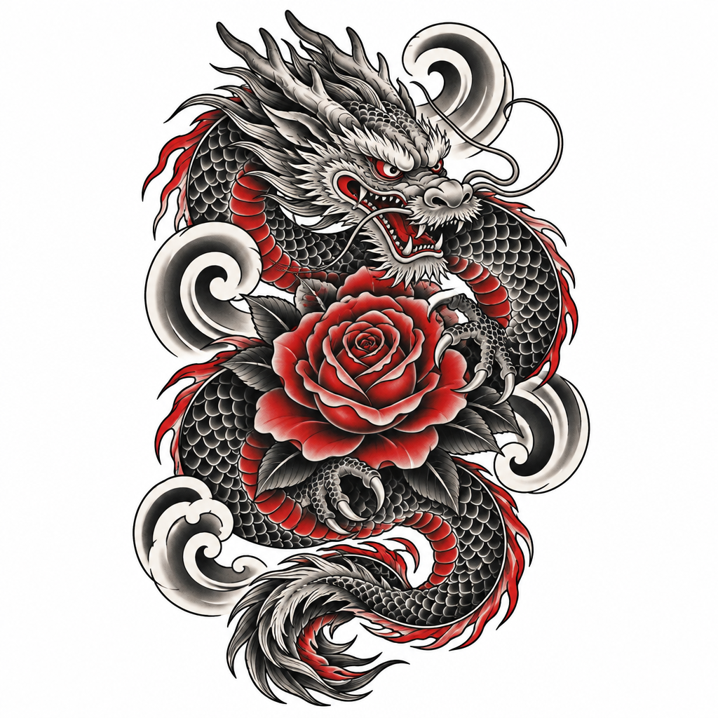 A Japanese-style dragon with a devilish stare coils around a rose in a fierce, dramatic composition.