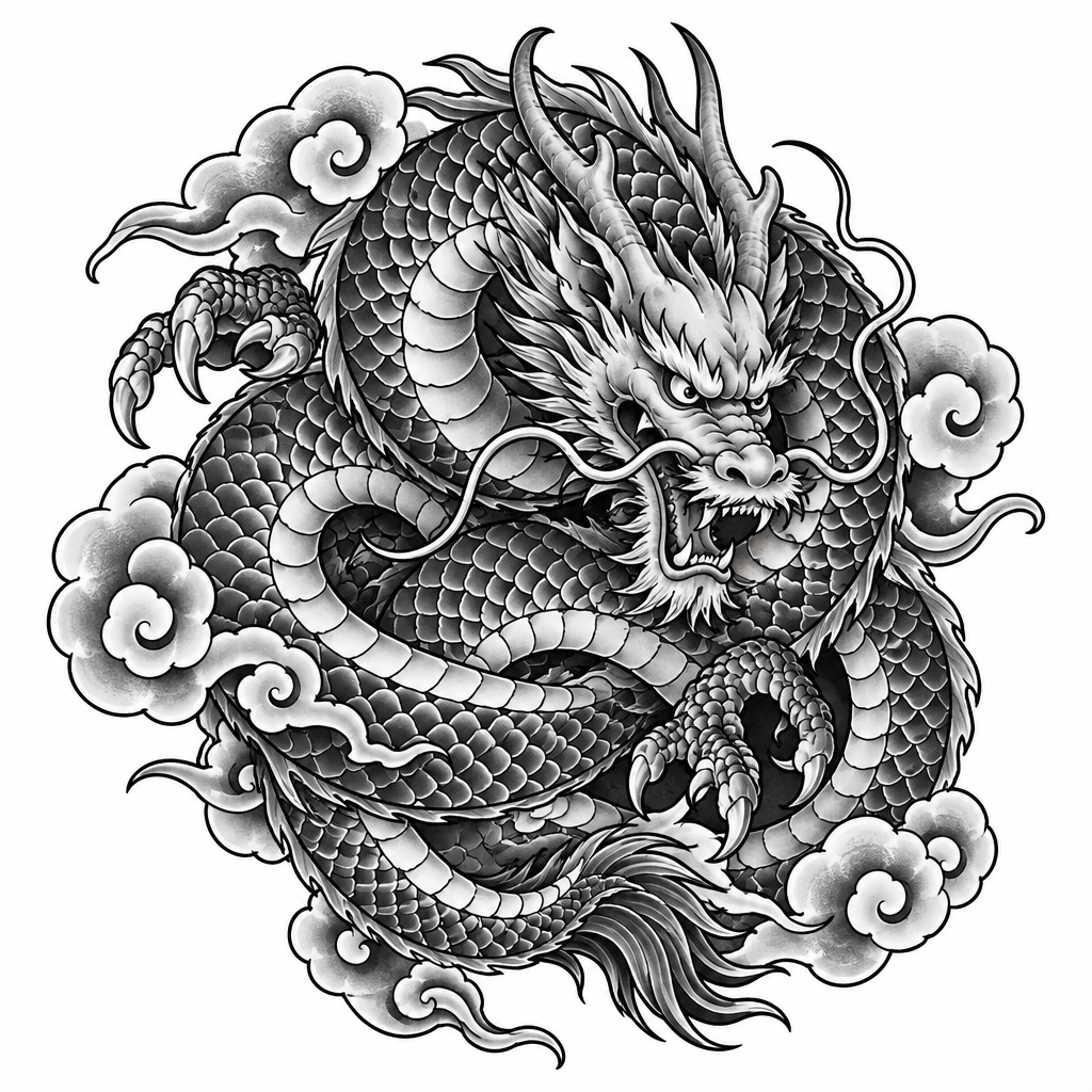 A tattoo design of a dragon in a twisted, intertwined embrace with flowing coils and dynamic movement.