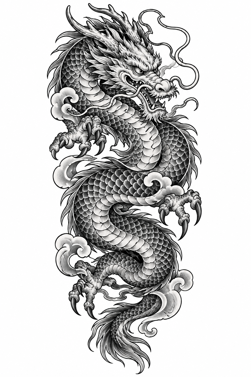 A blackwork spiral dragon coiling elegantly around the forearm in a dynamic, flowing shape.
