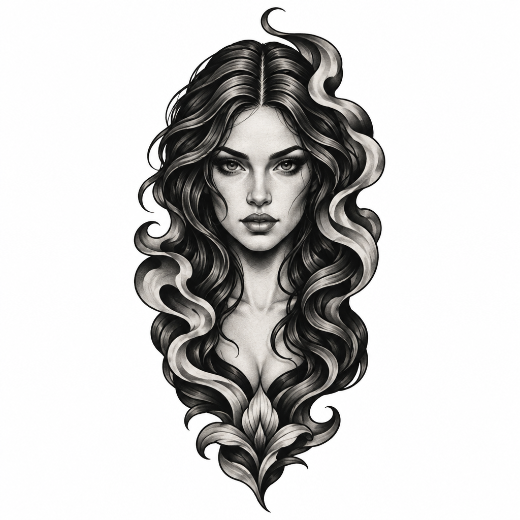 A black and grey tattoo of a woman with dramatic shadows and atmospheric details for the shin and leg.