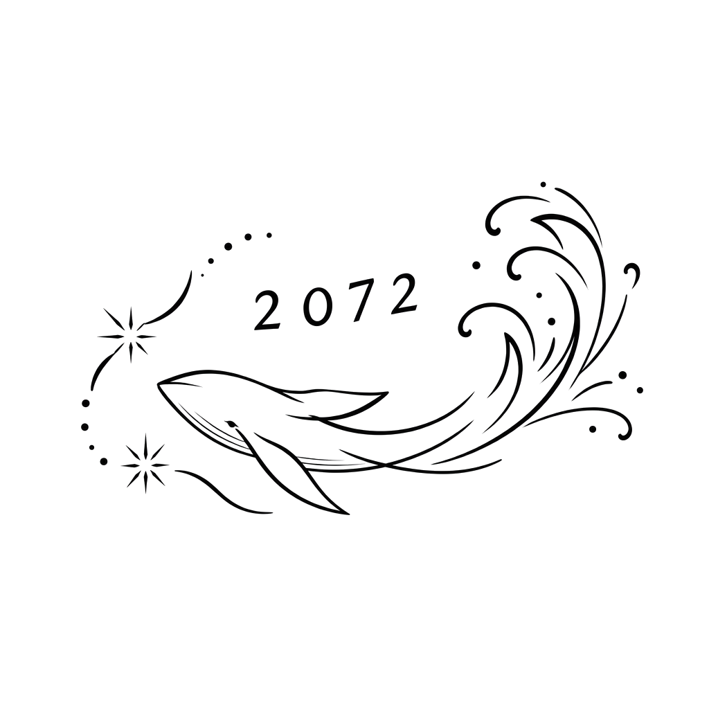 A fine-line whale facing left with flowing curved lines, dotted accents, starburst marks, and the numerals 2072 above it.