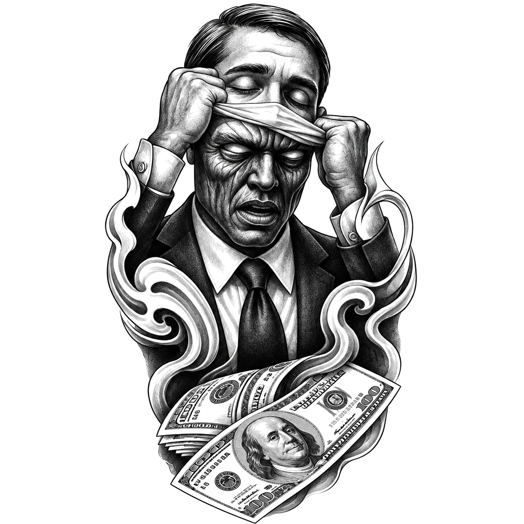 A surreal black-and-grey illustration of a suited man with stacked faces, a blindfold, smoke-like forms, and overlapping US $100 bills below.
