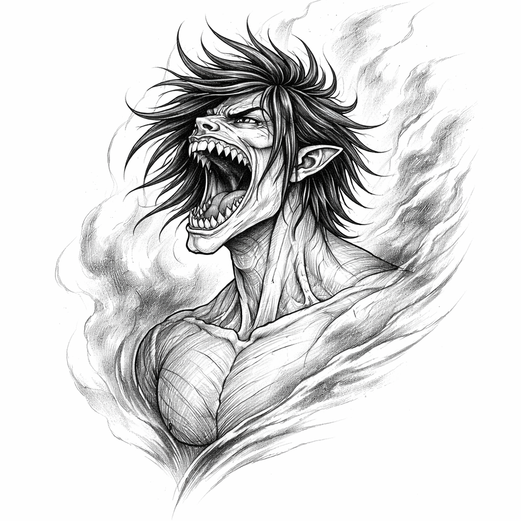 Black-and-white fine-line silhouette of Eren Yeager in Titan form, mouth open mid-scream with dramatic line detail for muscle and shadow.