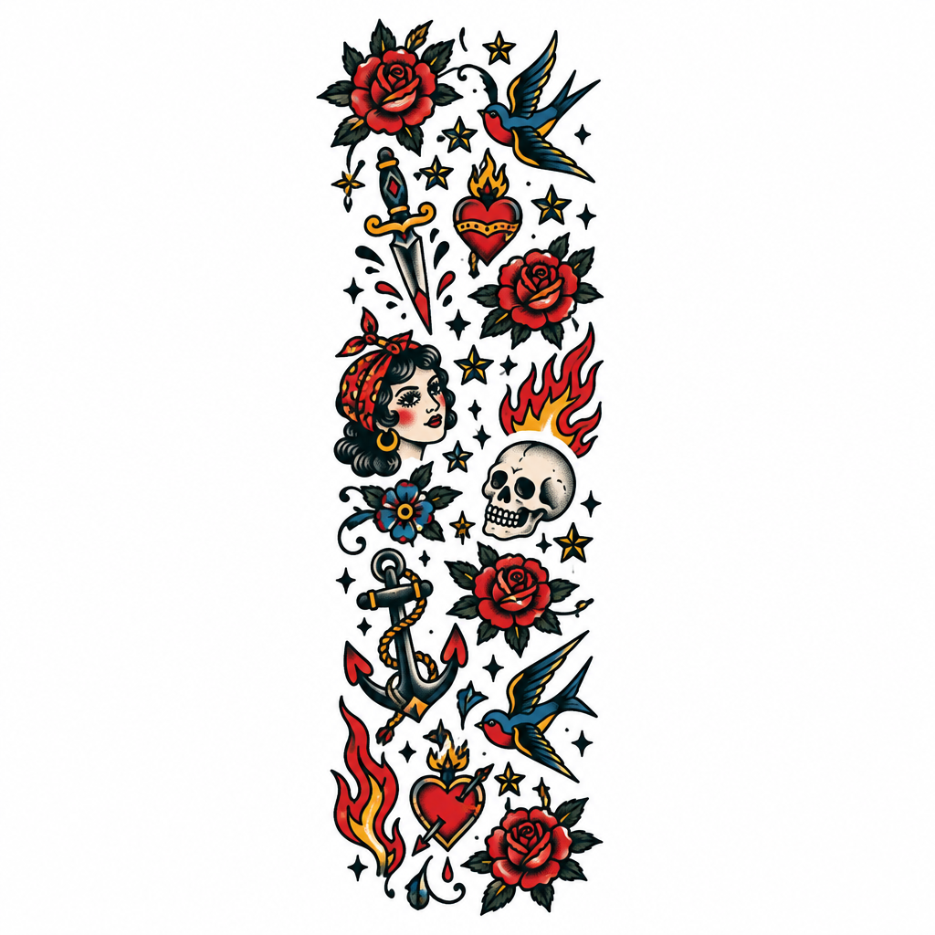 A full sleeve composed of many small sticker-like tattoo designs arranged in an eclectic collage style.