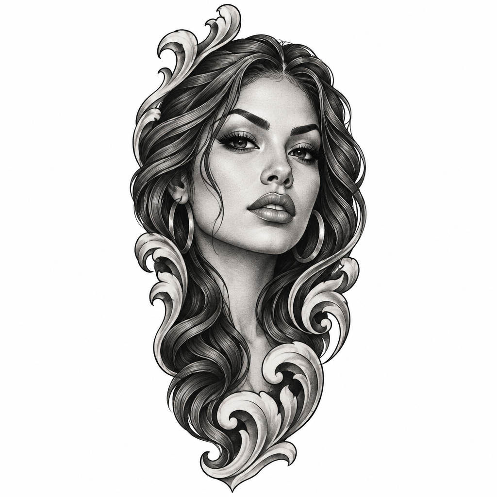 A Chicano-style arm tattoo with bold black-and-grey shading and flowing ornamental details.