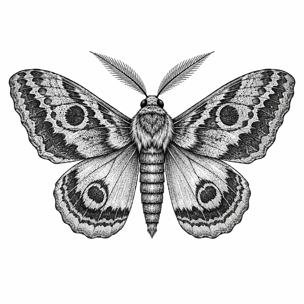 A dotwork moth with symmetrical wings rendered in fine stippling and balanced detail.