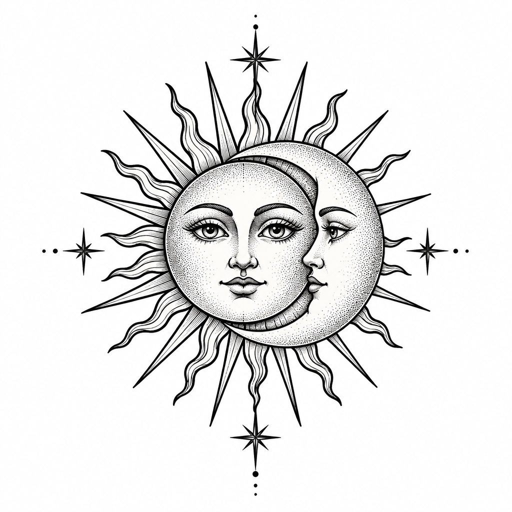 A simple tattoo design featuring a sun and moon paired together in a celestial motif.