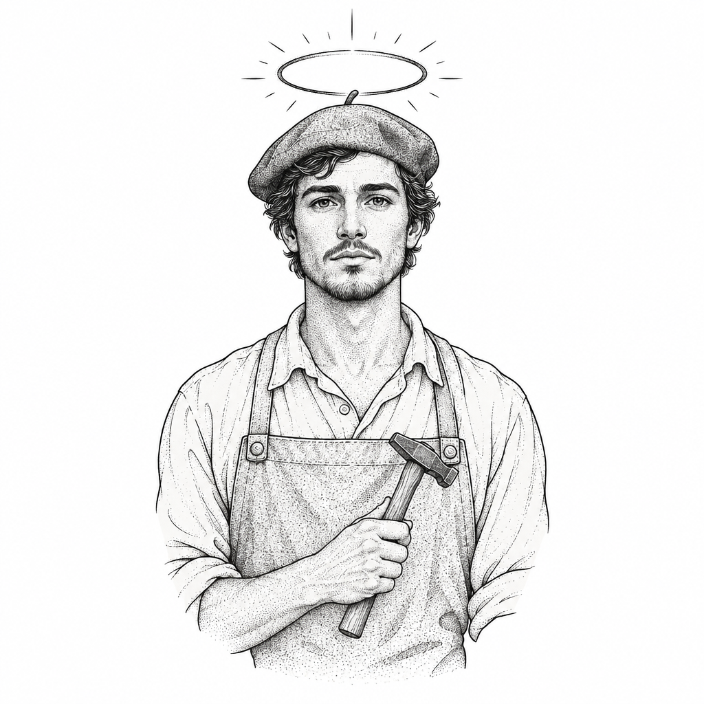 An illustrative tattoo of a handyman with a halo ring above his head, blending earthly work with angelic symbolism.