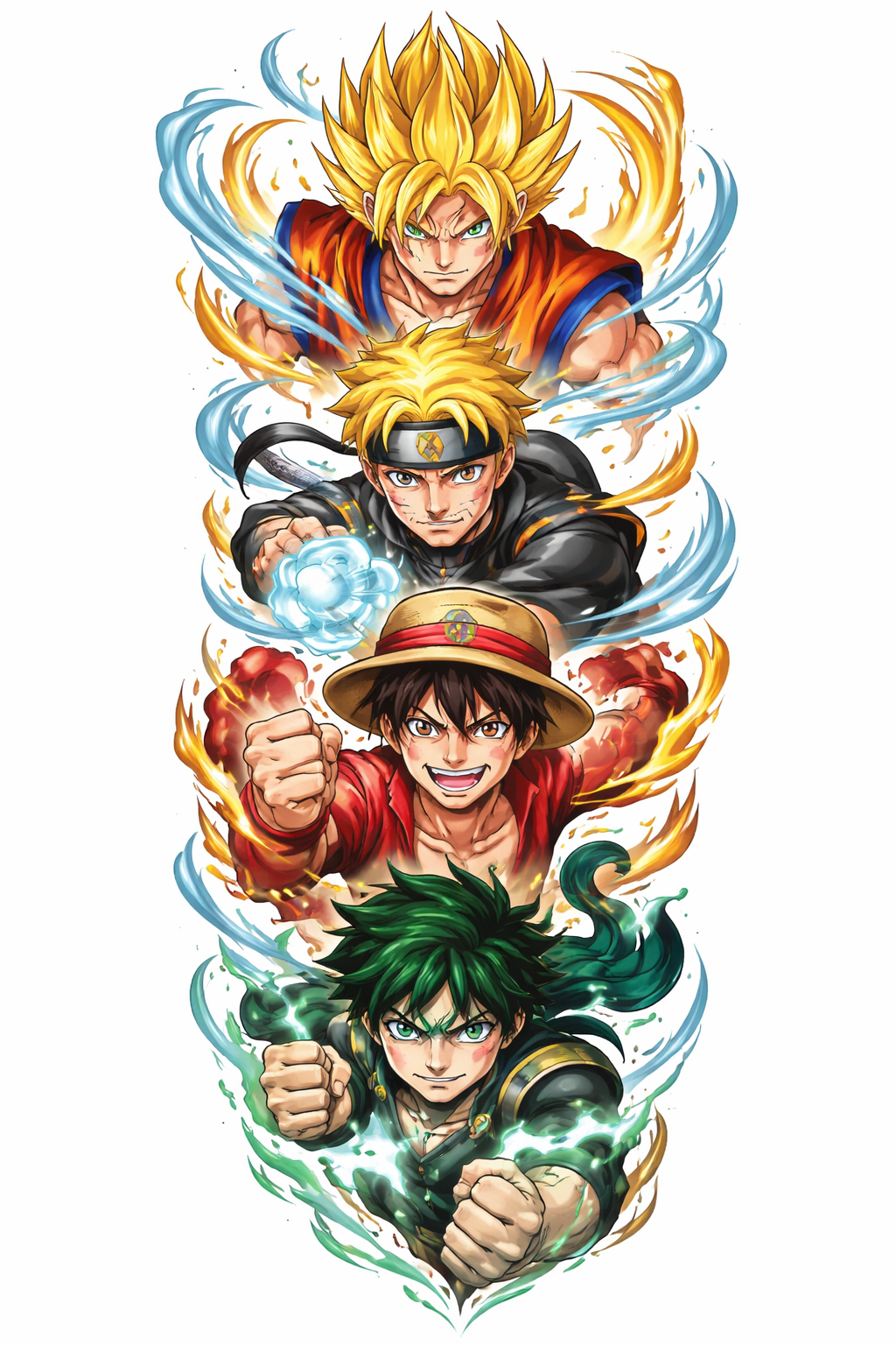 A full-arm sleeve composition in anime style featuring iconic characters and motifs from Naruto, Bleach, One Piece, and Dragon Ball Z in dynamic poses and bold colors.