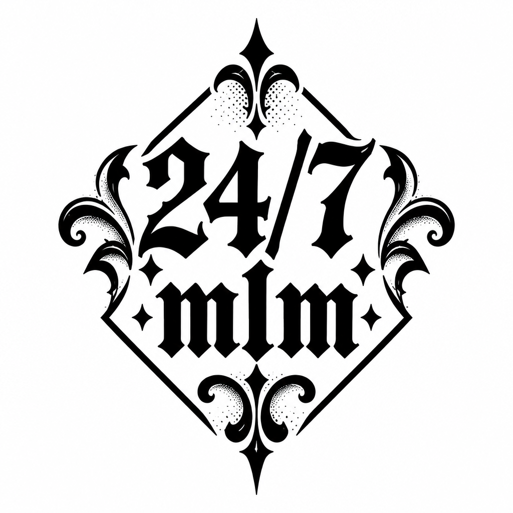 Bold lettering tattoo reading 24/7 MLM in a clean, modern typographic style.