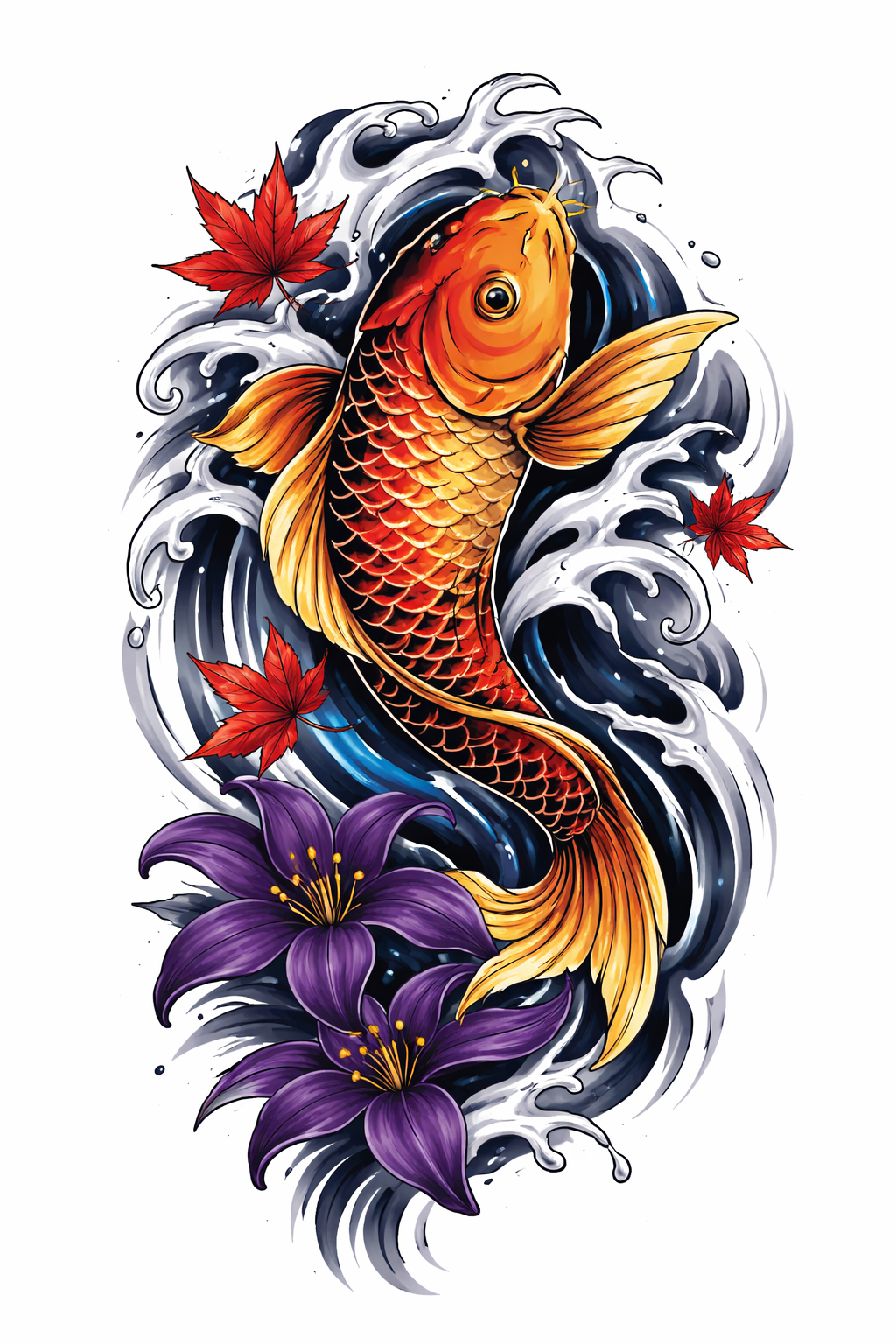Japanisch inspiriertes Koi-Halbarm-Design: Koi schwimmen durch stilisiertes Wasser mit Todeslilien und treibenden Ahornblättern in Schwarz, Weiß, Blau, Orange, Rot und Lila.