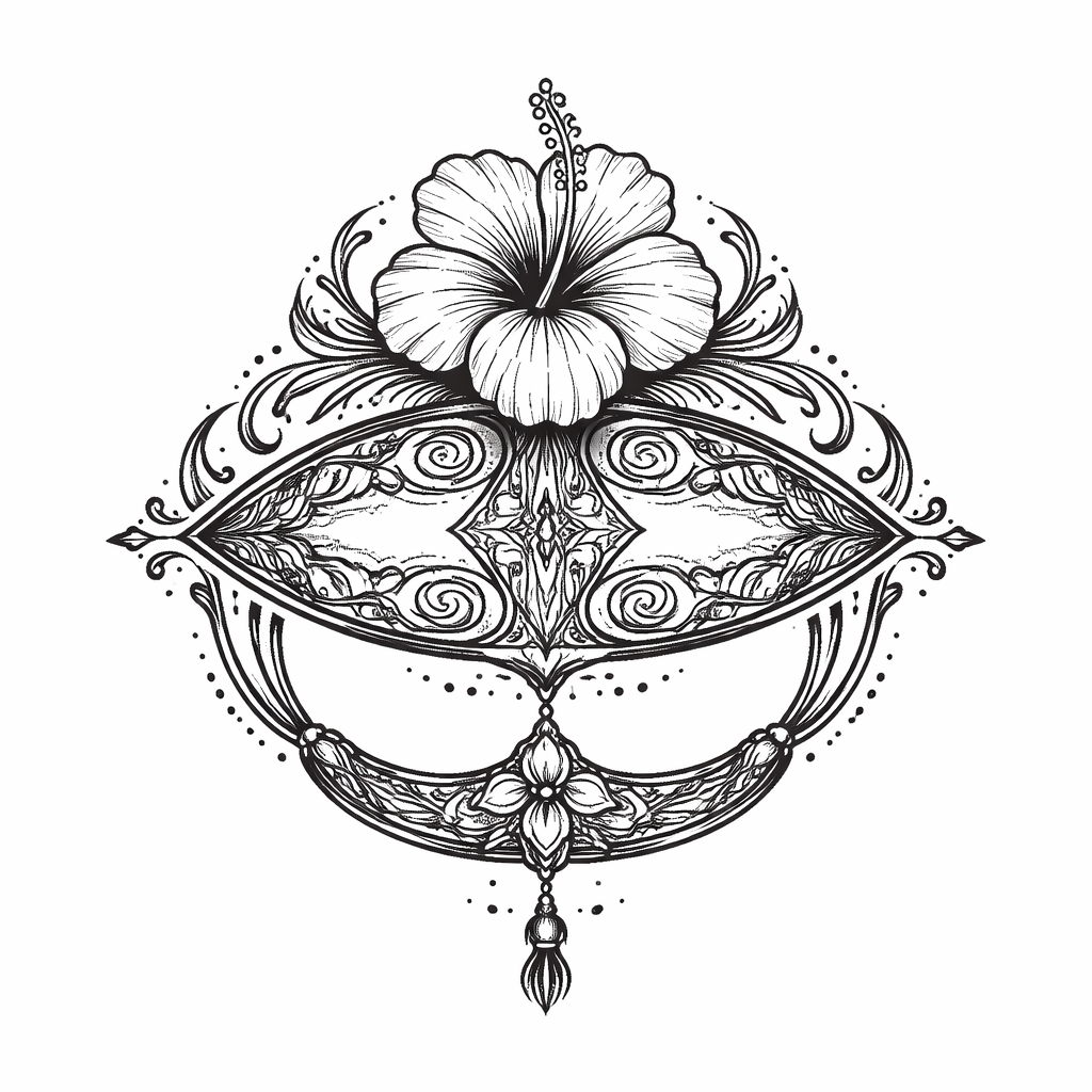 Kleines, von Tribal inspiriertes Blackwork-Tattoo, das malaysische Motive kombiniert – stilisierter Wau-Bulan-Drachen, hibiskusblütenartige Formen und geometrische Tribal-Linien – angeordnet als komak