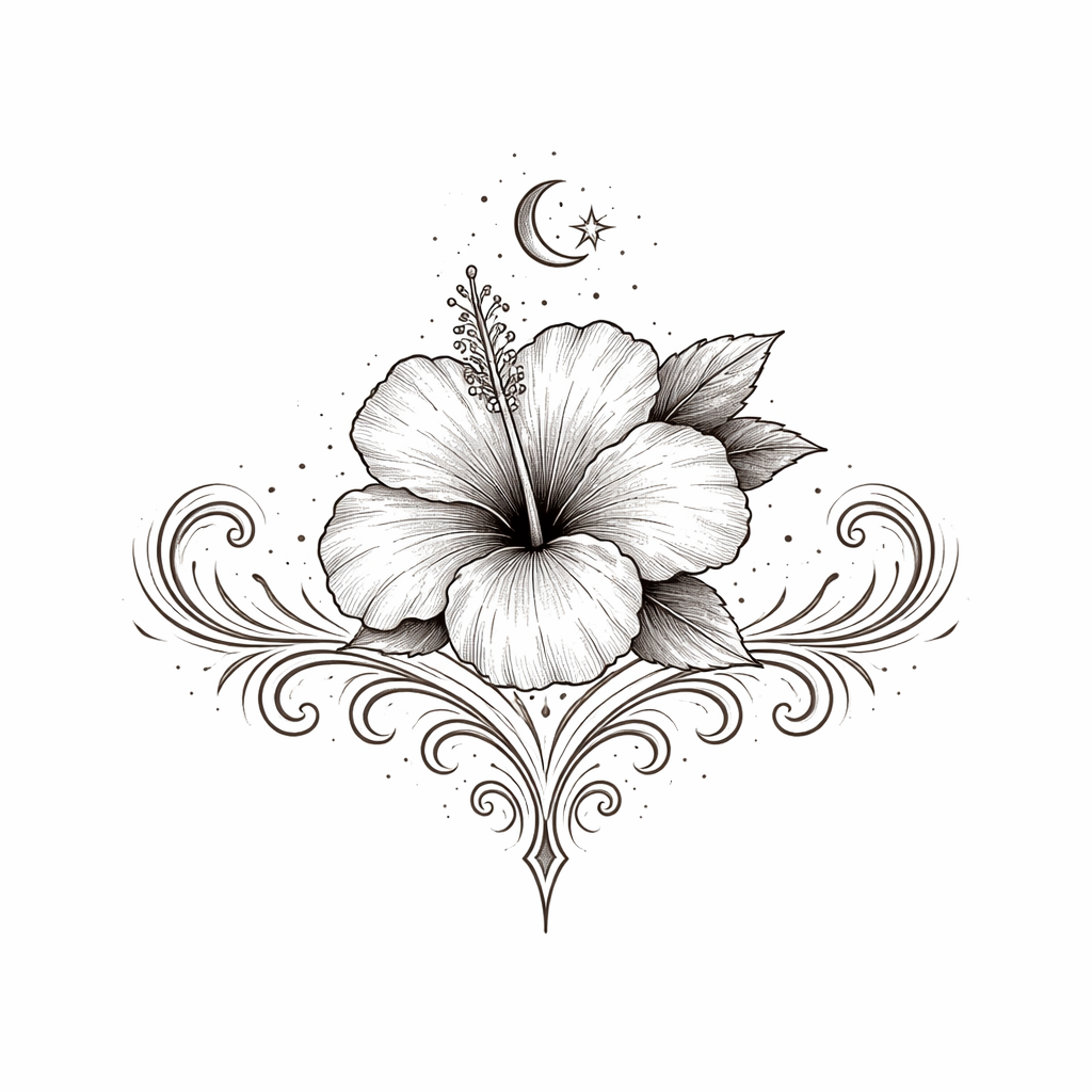 Ein kleines Reisesigil im malaiischen Tribal-Stil, das einen stilisierten Wau-Bulan-Drachen, ein Hibiskus-Motiv und traditionelle südostasiatische geometrische Muster in Blackwork vereint.