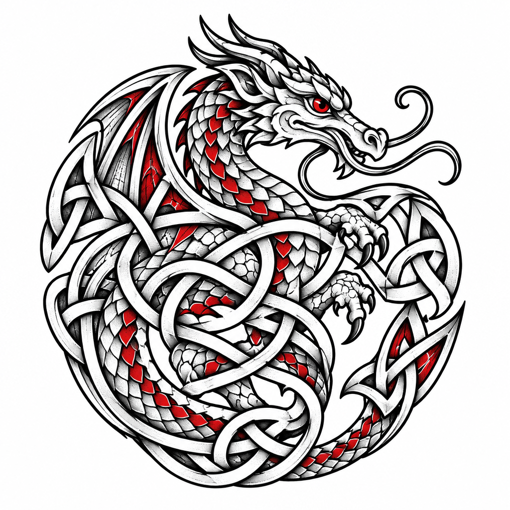 A black ink Celtic knot formed from a Welsh dragon with subtle red accents on the eyes and scales, designed for the right shoulder.