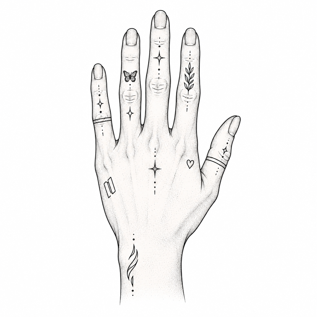 A small minimalist hand tattoo inspired by Jungkook, featuring simple black lettering and subtle finger placement.