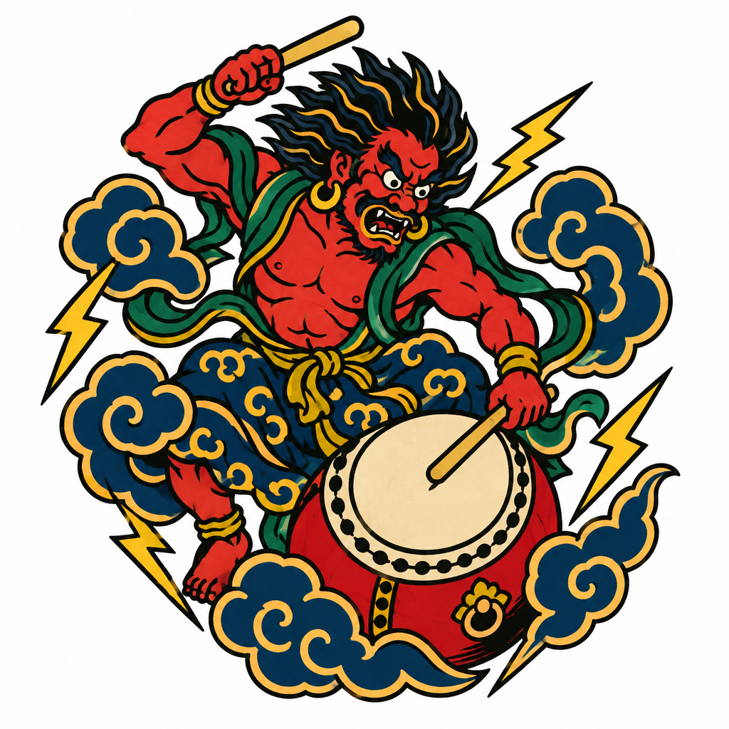 A traditional-style Raijin drumming on thunderclouds with bold lines, dramatic lightning, and powerful storm energy.
