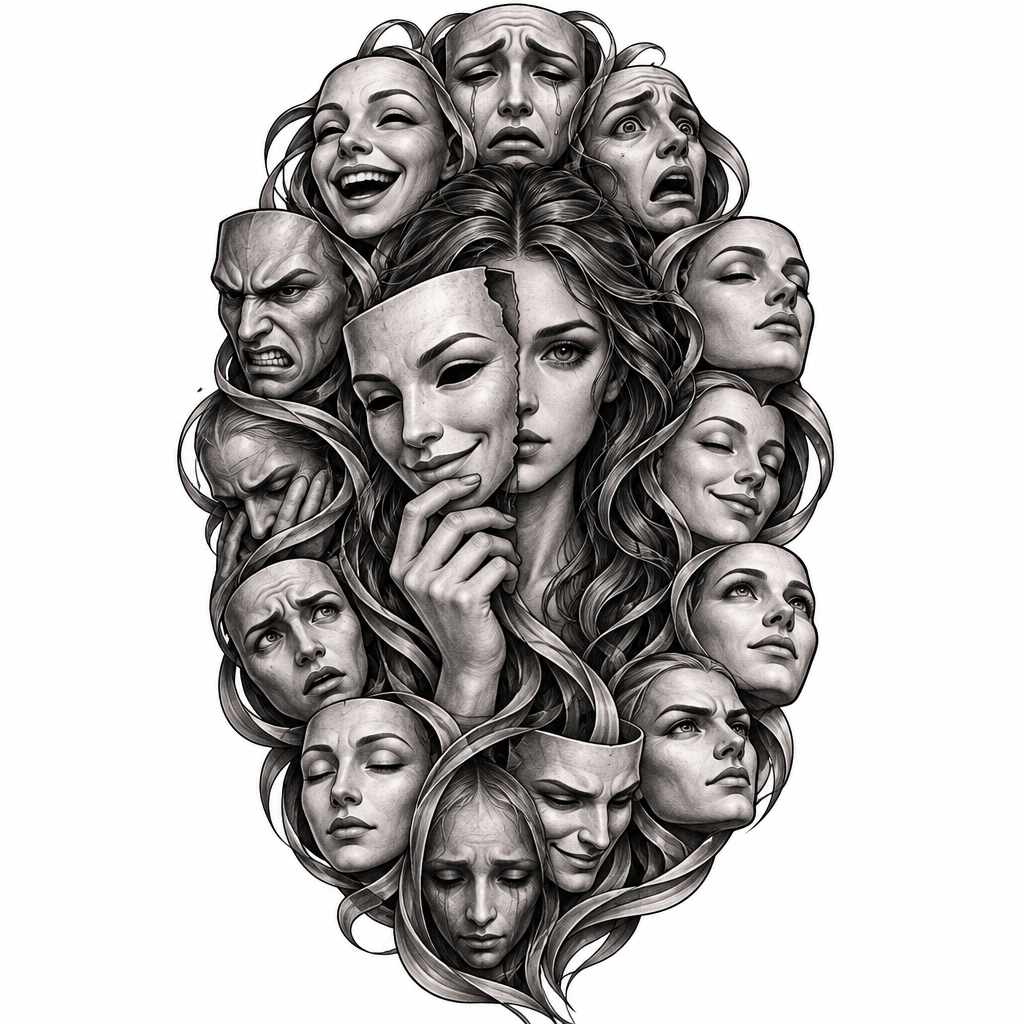 A realistic black and grey tattoo of a central human figure surrounded by overlapping masks showing many emotions and hidden identities.