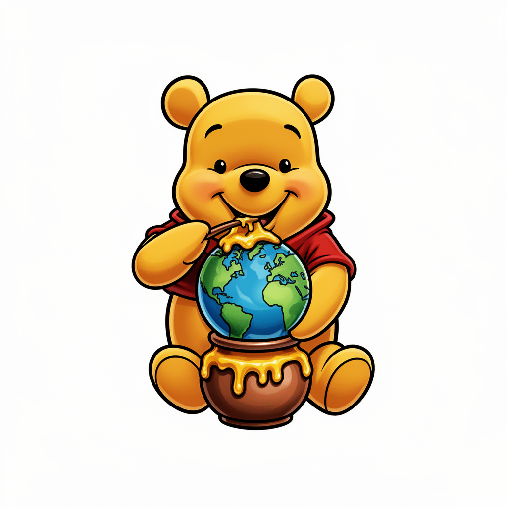 An illustrative cartoon bear resembling Pooh eating the Earth like honey from a pot, symbolizing ownership of the world.