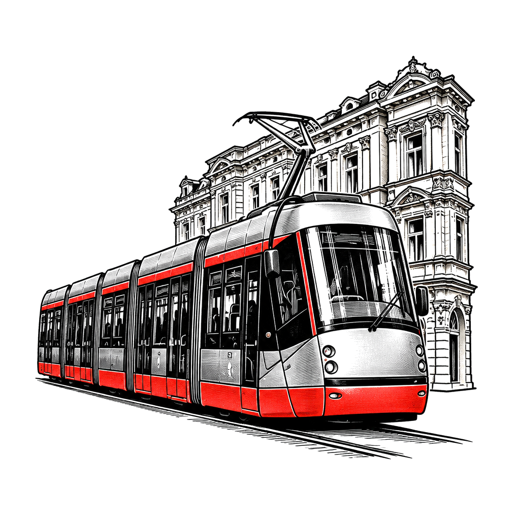 An illustrative red-and-grey articulated tram shown from a low front angle with a small ornate building vignette behind it on a white background.