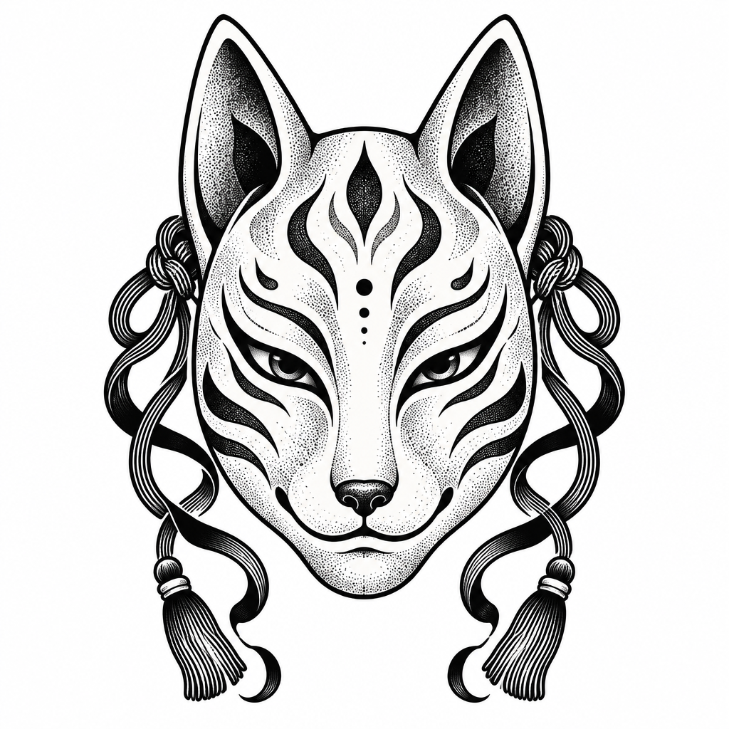A Japanese kitsune fox mask with sharp features and spiritual details, styled as a traditional tattoo design.