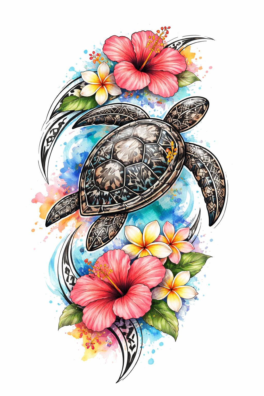 Eine Aquarell-Meeresschildkröte und hawaiianische Blumen (Hibiskus), verschmolzen mit kräftigen schwarzen hawaiianischen Tribal-Mustern und Akzenten