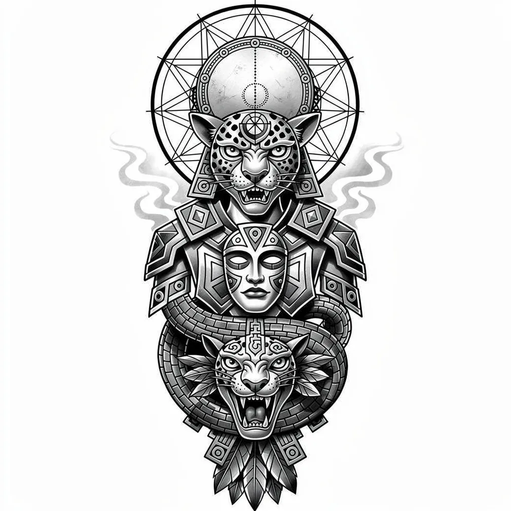 Kultrún, Aztek jaguar savaşçısı, Quetzalcoatl ve atalara ait maskelerin akışkan duman ve süslemeli çerçeve içinde yer aldığı, siyah-gri Chicano esintili geometrik bir sağ kol kol dövmesi.