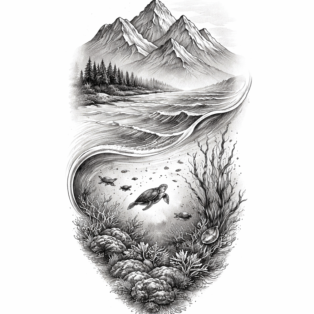 ‘n Gryskaal-illustratiewe half-arm mou wat oorgaan van bergspitse en kusgolwe af na ‘n gedetailleerde onderwater toneel met visse, kelp en rotsformasies.