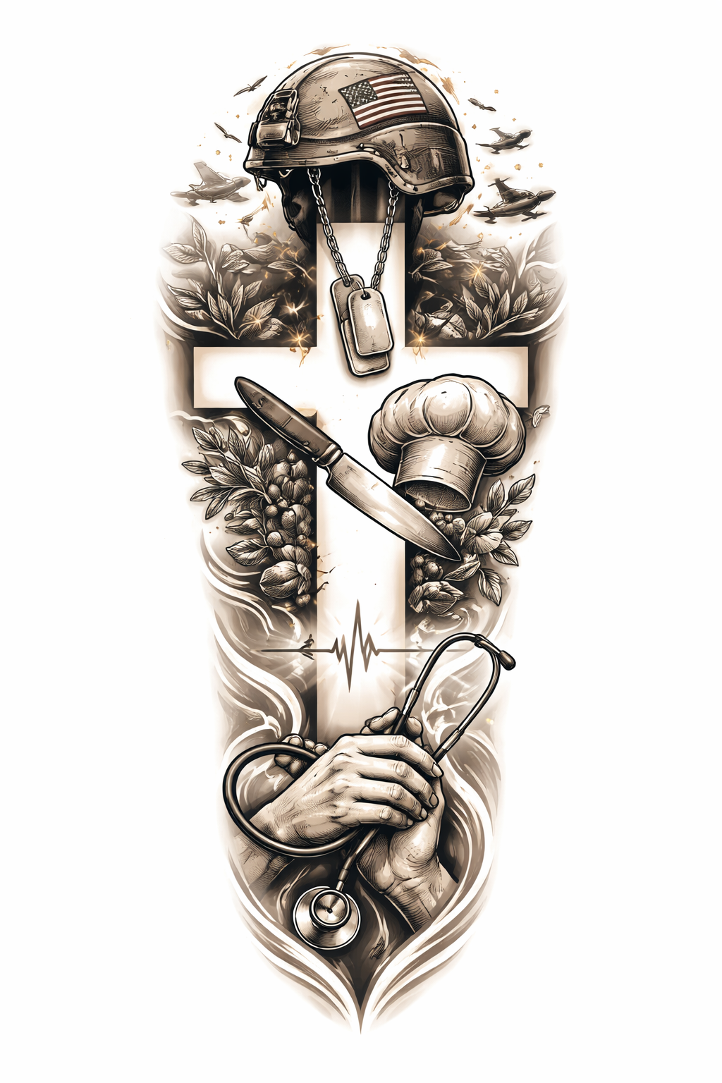 Volle-mou illustratiewe tatoeëermerk wat ’n man se lewe uitbeeld as ’n soldaat, dan ’n sjef, dan ’n verpleegster, saamgestel rondom ’n negatiewe-ruimtekruis wat deur die tonele loop