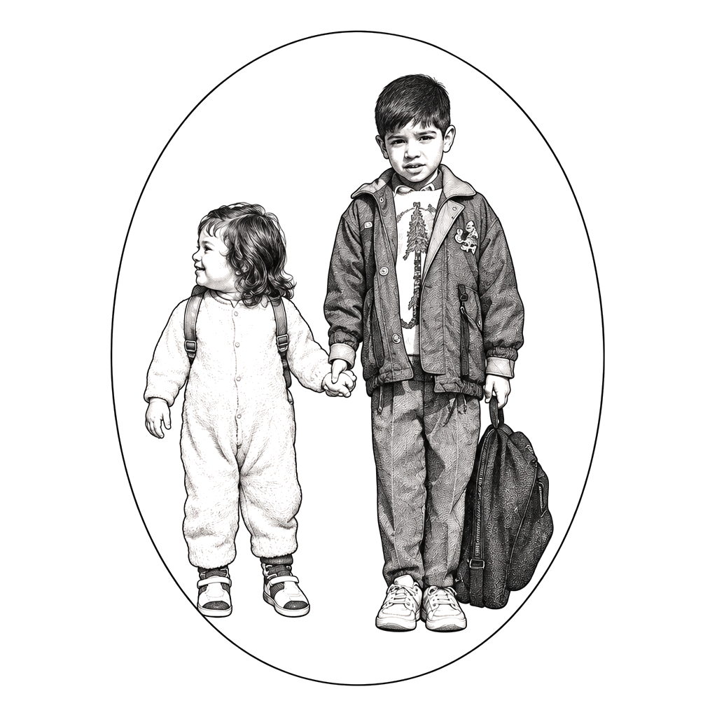A delicate fine-line tattoo of two children standing full-length hand in hand, with simplified clothing and no faces or backpack.