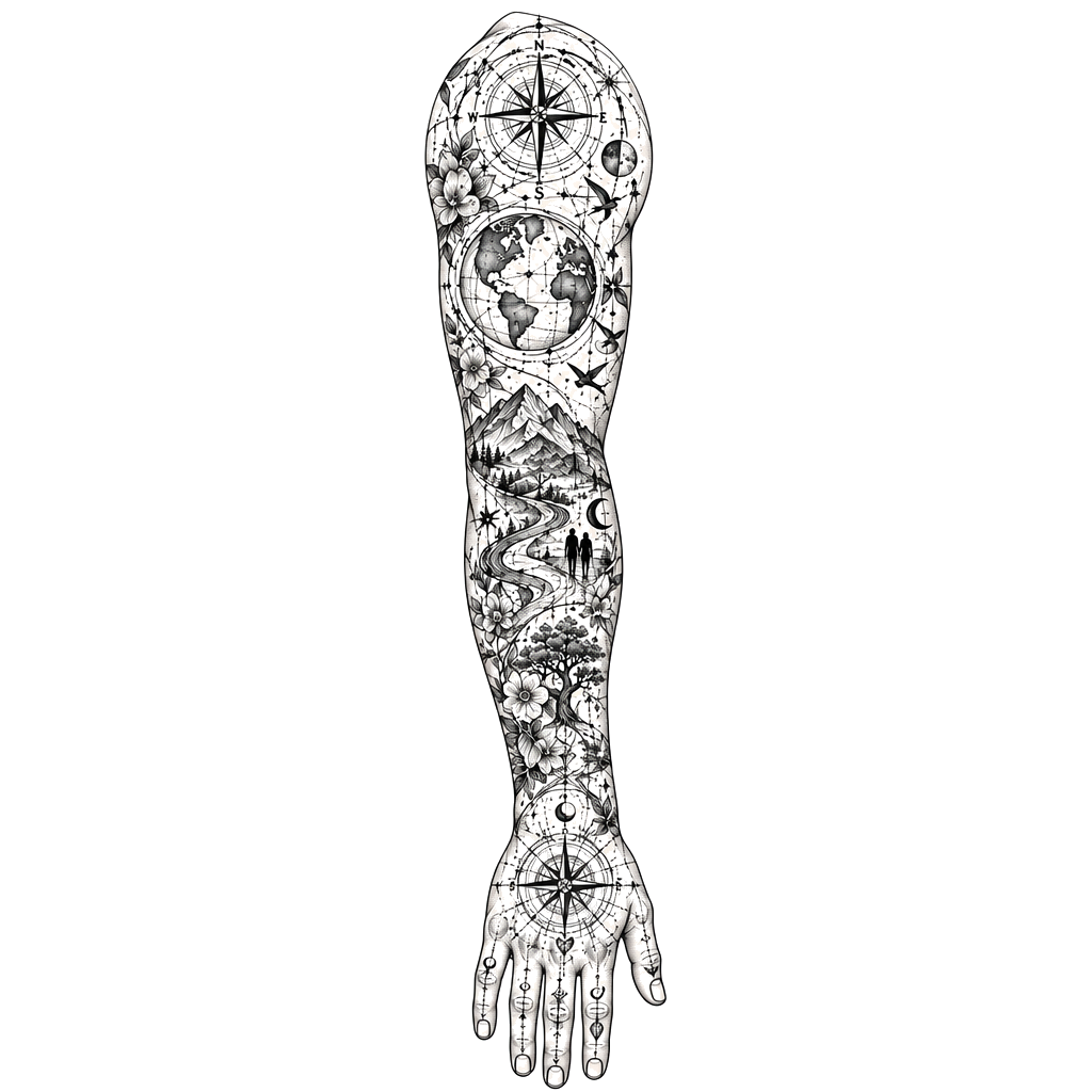 A black and grey illustrative sleeve with dotted celestial charts, compass roses, moons, stars, mountains, rivers, trees, flowers, birds, and small human silhouettes flowing onto the hand.